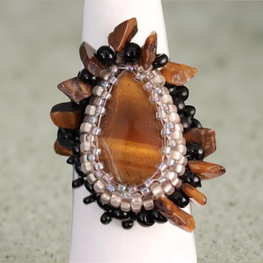 Handmade Raw Tiger’s Eye Chip & Leather Statement Ring Size 6.25